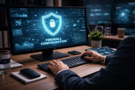 Homem configurando firewall em uma rede